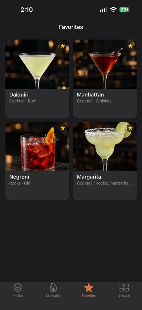 BarReady Favorites screen with saved cocktails