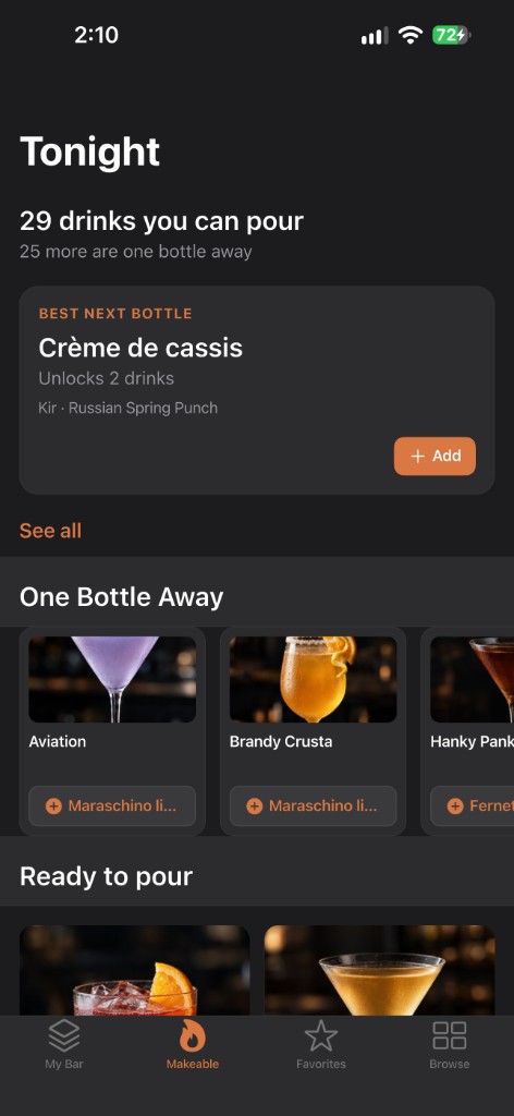 BarReady Tonight screen: best next bottle and drinks one bottle away